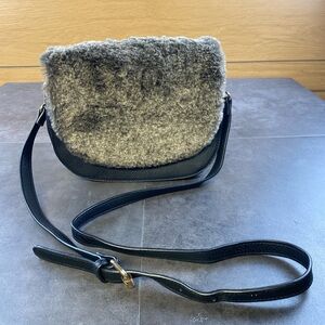 Coco + Carmen Black Textured Crossbody Bag with Faux Fur Flap Gold Accent- NWT